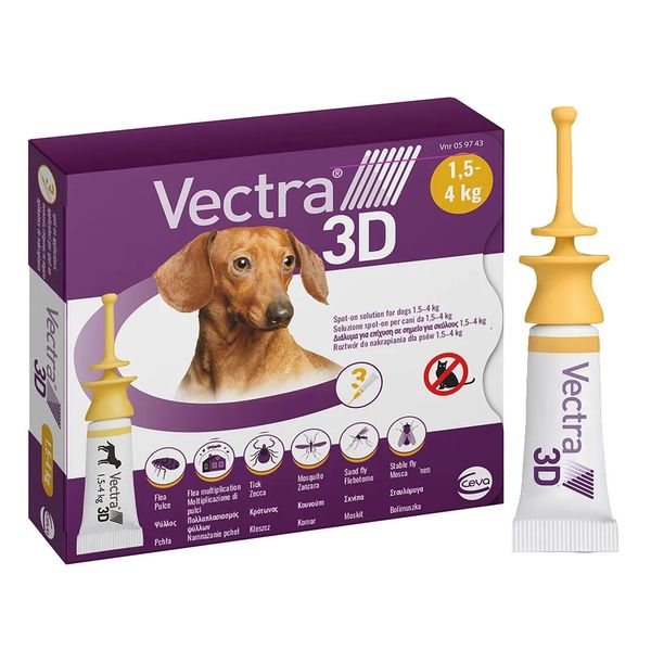 Краплі на холку для собак від 1,5 до 4 кг CEVA Vectra 3D, від зовнішніх паразитів, 1 упаковка (3 піпетки по 0,8 мл) 1056 фото