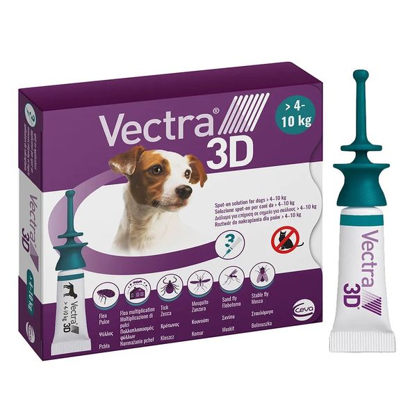 Краплі на холку для собак від 4,1 до 10,0 кг CEVA Vectra 3D, від зовнішніх паразитів, (3 піпетки по 1,6 мл) 1057 фото