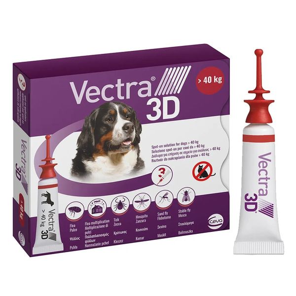 Краплі на холку для собак CEVA Vectra 3D від ектопаразитів, 40,1- 65,0 кг, 3 піпетки х 8,0 мл (81671) 1060 фото